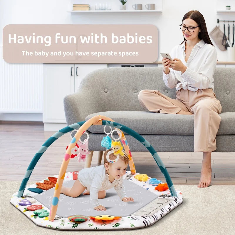 Large Baby Play Gym Mat with Sensory Toys 0-18 Months Tummy Time Activity Center with Rattles & Mirror Educational Infant Gift