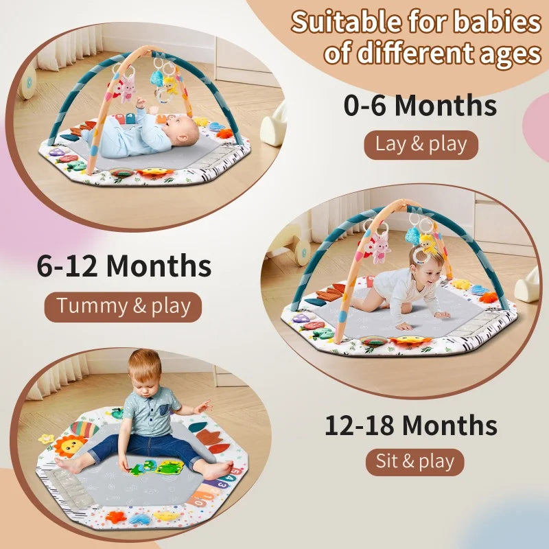 Large Baby Play Gym Mat with Sensory Toys 0-18 Months Tummy Time Activity Center with Rattles & Mirror Educational Infant Gift