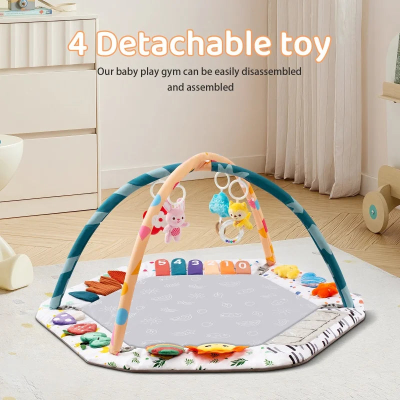 Large Baby Play Gym Mat with Sensory Toys 0-18 Months Tummy Time Activity Center with Rattles & Mirror Educational Infant Gift