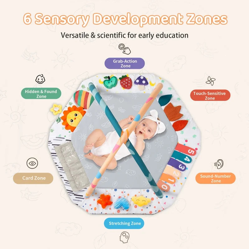 Large Baby Play Gym Mat with Sensory Toys 0-18 Months Tummy Time Activity Center with Rattles & Mirror Educational Infant Gift